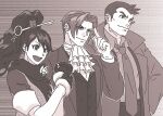  1girl 2boys ace_attorney ace_attorney_investigations adjusting_clothes adjusting_gloves ascot bangs closed_mouth collared_shirt dick_gumshoe facial_hair finger_to_head formal gloves hair_intakes hair_ornament hand_on_hip high_ponytail jacket karakusa_(pattern) kay_faraday key lcageki long_hair long_sleeves male_focus miles_edgeworth monochrome multiple_boys muscular muscular_male necktie open_mouth ponytail scarf shirt short_hair smile stubble suit 