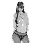  1girl bangs breasts collarbone contrapposto glasses grey_background greyscale hand_up highres kamishiro_rize large_breasts long_hair monochrome navel panties panties_under_pantyhose pantyhose shiny_hair shiny_skin simple_background solo tokyo_ghoul topless underwear yourfreakyneighbourh 