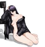  1girl bangs barefoot black_jacket breasts chair glasses groin hand_on_own_head highres jacket kamishiro_rize large_breasts leaning_to_the_side long_hair long_sleeves naked_jacket open_clothes open_jacket red_eyes shiny_hair solo tokyo_ghoul yourfreakyneighbourh 