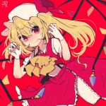  1girl ascot blonde_hair closed_mouth collared_shirt cowboy_shot dated fang fang_out flandre_scarlet hair_between_eyes hat long_hair looking_at_viewer maaru_(akira428) mob_cap multicolored_wings one-hour_drawing_challenge one_side_up red_background red_eyes red_skirt red_theme red_vest shirt short_sleeves simple_background skirt smile solo suspender_skirt suspenders touhou vest white_headwear white_shirt wings yellow_ascot zipper zipper_pull_tab zipper_skirt 