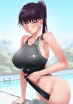  1girl aya_roushi bangs bare_arms black_hair blue_eyes blurry blurry_background blush breasts clothes_lift collarbone competition_swimsuit cowboy_shot day grey_one-piece_swimsuit hair_between_eyes high_ponytail large_breasts lifted_by_self long_hair looking_at_viewer midriff navel one-piece_swimsuit outdoors parted_lips pool_ladder poolside shiny_hair shuumatsu_no_harem sideboob solo stomach swimsuit swimsuit_lift toudou_akira_(shuumatsu_no_harem) 