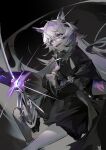  1girl absurdres animal_ears arknights black_background black_capelet black_dress black_gloves blue_eyes capelet dress glint gloves grey_hair highres holding holding_sword holding_weapon lappland_(arknights) lappland_(refined_horrormare)_(arknights) long_hair long_sleeves looking_to_the_side nemuiz open_mouth scar scar_across_eye sharp_teeth smile solo sword teeth very_long_hair weapon wolf_ears 