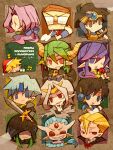  6+boys 73_(naa) black_hair blonde_hair blue_eyes chibi choppun green_hair holding holding_sword holding_weapon horns incubus_(puyopuyo) lagnus_the_brave long_hair madou_monogatari multiple_boys purple_eyes purple_hair puyo_(puyopuyo) puyopuyo red_eyes satan_(puyopuyo) schezo_wegey sword tagme weapon white_hair 