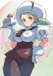  1girl apron ascot blush breasts brown_apron brown_ascot brown_eyes brown_pants buttons cake cake_slice closed_mouth commentary_request cowboy_shot food gloves green_hair hand_on_hip hand_up hat holding holding_plate katy_(pokemon) masamu_(leonore69) mole pants plate pokemon pokemon_(game) pokemon_sv shirt smile solo split_mouth waist_apron white_headwear white_shirt 