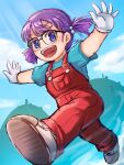  1girl :d black-framed_eyewear blue_eyes blue_shirt dr._slump full_body glasses gloves hair_bobbles hair_ornament highres norimaki_arale open_mouth outstretched_arms overalls purple_hair red_overalls running shirt short_hair short_sleeves signature smile solo sue02_(suexxx) t-shirt two_side_up white_gloves 