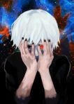  1boy absurdres bangs black_eyes black_nails black_shirt hands_on_own_face hands_up heterochromia highres kaneki_ken kyuuba_melo male_focus multicolored_background nail_polish red_eyes shiny_hair shirt solo starry_background tokyo_ghoul upper_body white_hair 