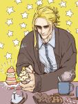  1boy aki_shigeru blonde_hair blue_shirt boku_no_hero_academia brown_jacket candy candy_cane chocolate_chip_cookie christmas closed_mouth collared_shirt commentary_request cookie cup food gingerbread_man highres holding holding_cookie holding_food jacket long_sleeves male_focus mug shirt short_hair simple_background smile solo star_(symbol) steam table upper_body yagi_toshinori yellow_background 