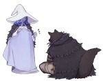  1boy 1girl animal_ears armor black_cloak blaidd_the_half-wolf blanket cloak donar0217 dress elden_ring extra_arms hat magic_trick ranni_the_witch sitting smile tail what_the_fluff_challenge white_background white_dress white_headwear witch witch_hat wolf_ears wolf_tail 