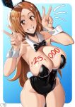  1girl 2023 animal_ears artist_name bare_shoulders black_leotard bleach blue_background bodypaint border brown_eyes castell chinese_zodiac commentary double_v fake_animal_ears fake_tail gloves highres inoue_orihime leotard long_hair looking_at_viewer looking_back milestone_celebration orange_hair outside_border parted_lips playboy_bunny rabbit_ears rabbit_tail solo tail thighhighs thighs v white_background white_border wrist_cuffs year_of_the_rabbit 