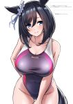  alternate_costume animal_ears black_hair blue_eyes blush breasts cleavage closed_mouth collarbone commentary_request competition_swimsuit eishin_flash_(umamusume) hair_between_eyes hair_ornament herohero_(higashi_no_dou) highres horse_ears horse_tail large_breasts looking_at_viewer one-piece_swimsuit simple_background smile swimsuit tail translation_request umamusume white_background 