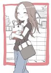  1girl absurdres bag black_shirt blush closed_eyes denim handbag highres holding holding_bag house jeans karakai_jouzu_no_takagi-san monochrome_background pants shirt solo t-shirt walking wall yamamoto_souichirou 