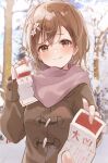  1girl 1other absurdres bangs blurry blurry_background blush brown_coat brown_eyes brown_hair closed_mouth coat commentary_request day depth_of_field flower hair_between_eyes hair_flower hair_ornament highres himaneko. holding misaka_mikoto omikuji outdoors pink_scarf scarf smile solo_focus toaru_kagaku_no_railgun toaru_majutsu_no_index upper_body white_flower 