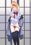  1girl :d akira_miku_ver bangs black_panties black_thighhighs blonde_hair blue_eyes bow bowtie collared_shirt dress_shirt hair_between_eyes highres long_hair looking_at_viewer multicolored_hair open_mouth original panties panty_pull pubic_tattoo pulled_by_self red_bow red_bowtie red_hair shirt side-tie_panties smile solo standing tattoo thigh_gap thighhighs two-tone_hair underwear white_shirt wing_collar 