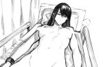  1girl bangs bed bound bound_wrists breasts censored closed_mouth collarbone curtains frown greyscale highres kamishiro_rize long_hair lying medium_breasts monochrome navel nude on_back pillow shiny_hair solo speech_bubble tokyo_ghoul yourfreakyneighbourh 