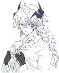  1boy arknights black_gloves braid buttoning closed_mouth commentary crystal earrings gloves highres horns jewelry kaninn long_sleeves male_focus oripathy_lesion_(arknights) partially_fingerless_gloves puzzle_(arknights) ring shirt simple_background solo upper_body white_background white_hair white_shirt 