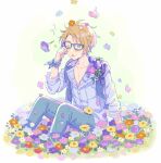  1boy bangs blue-framed_eyewear ensemble_stars! flower glasses grass green_eyes knees_up long_sleeves male_focus on_grass one_eye_closed open_mouth orange_flower orange_hair pants partially_unbuttoned pink_flower purple_flower rubbing_eyes seuga short_hair sitting solo yellow_flower yuuki_makoto_(ensemble_stars!) 