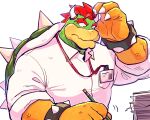  4_fingers anthro bowser bracelet clothing dress_shirt eyebrows fingers hair hi_res horn jewelry koopa lanyard male mario_bros name_tag nintendo paperwork pencil_(object) red_hair reptile rolled_up_sleeves scalie scratching_head shell shirt simple_background solo spiked_bracelet spiked_shell spikes spikes_(anatomy) thick_eyebrows topwear white_clothing white_shirt white_topwear yellow_body yowasabimechaoc 