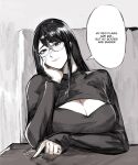  1girl black_eyes black_sweater breasts cleavage cleavage_cutout clothing_cutout english_text hand_on_own_cheek hand_on_own_face head_tilt highres kamishiro_rize large_breasts long_hair looking_at_viewer meme my_red_flags_are_big_but_my_boobs_are_bigger_(meme) pointing raw_hero smile solo speech_bubble sweater tokyo_ghoul yourfreakyneighbourh 