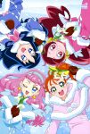  4girls :d ;d absurdres blue_coat blue_eyes blue_hair blue_hairband blush bow brown_gloves brown_hair closed_mouth coat copyright_name flower from_above fur-trimmed_coat fur_trim gloves green_eyes hair_bow hairband hanasaki_tsubomi heartcatch_precure! highres holding holding_flower hood hood_down hooded_coat kurumi_erika laura_la_mer long_hair looking_at_viewer mittens multiple_girls natsuumi_manatsu one_eye_closed open_mouth pink_coat pink_hair precure red_eyes red_hair shiny_hair side_ponytail smile snow tropical-rouge!_precure very_long_hair white_flower winter winter_clothes winter_coat yellow_bow 