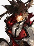  1boy absurdres blood blood_on_face brown_hair forehead_protector found_modori guilty_gear guilty_gear_xx hair_between_eyes headband highres long_hair male_focus order-sol ponytail red_eyes shaded_face simple_background sol_badguy solo white_background 