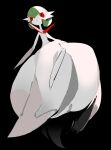  1girl absurdres apios bangs bare_shoulders black_background bob_cut closed_mouth commentary dated_commentary dress expressionless flat_chest full_body gardevoir green_hair hair_between_eyes highres leg_up looking_at_viewer pokemon pokemon_(creature) red_eyes short_hair simple_background solo standing standing_on_one_leg strapless strapless_dress white_dress 