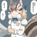  1girl animal_ear_fluff animal_ears brown_eyes chipmunk_costume chipmunk_ears chipmunk_tail extra_ears gloves kemono_friends kemono_friends_v_project microphone mukouyama_mu multicolored_hair open_mouth ribbon scarf shirt short_hair siberian_chipmunk_(kemono_friends) simple_background solo tail tears vest virtual_youtuber 