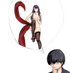  1boy 1girl bangs black_hair blush breasts brown_thighhighs closed_mouth collarbone glasses groin hair_over_breasts half-closed_eyes hand_up highres kagune_(tokyo_ghoul) kamishiro_rize kaneki_ken large_breasts long_hair no_shoes portrait purple_hair short_hair smile thighhighs thinking thought_bubble tokyo_ghoul yourfreakyneighbourh 