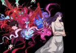  1boy 1girl bangs bare_arms bare_shoulders black_background blood blood_on_face breasts cleavage crossed_arms derivative_work dress from_side glasses grey_dress highres kagune_(tokyo_ghoul) kamishiro_rize kaneki_ken large_breasts long_hair multicolored_background purple_hair red-framed_eyewear red_background screencap_redraw shiny_hair short_hair tokyo_ghoul yourfreakyneighbourh 