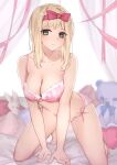  1girl absurdres bare_arms bare_legs barefoot bed_sheet blonde_hair blush bow bra breasts cleavage collarbone green_eyes hair_bow hairband heart heart_pillow highres ichijou_natsu indoors kanju kneeling leaning_forward long_hair looking_at_viewer medium_breasts panties parted_lips pillow pink_bra pink_panties red_bow red_hairband shiny_hair shuumatsu_no_harem side-tie_panties sitting solo stuffed_animal stuffed_toy teddy_bear underwear underwear_only 