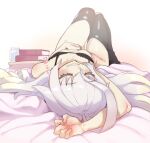  1girl ahoge black_bra black_thighhighs blush book bottomless bra closed_eyes commentary drooling flat_chest grin hair_between_eyes long_hair lying okitaima on_back on_bed original petite scratching sharp_teeth sleeping smile solo teeth thighhighs thighs underwear white_hair zzz 