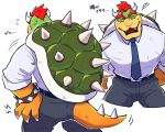  4_fingers anthro black_bottomwear black_clothing black_pants blue_necktie bottomwear bowser bracelet clothed clothing eyebrows eyes_closed fingers formal_clothing formal_wear fully_clothed hair hi_res horn japanese_text jewelry koopa male mario_bros multiple_poses necktie nintendo open_mouth pants pose red_hair reptile rolled_up_sleeves scalie shell solo spiked_bracelet spiked_shell spiked_tail spikes spikes_(anatomy) text thick_eyebrows yellow_body yowasabimechaoc 