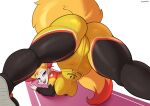  anthro ass_up big_breasts big_butt bodysuit braixen breasts butt canid clothed clothing destabilizer female footwear fur generation_6_pokemon hi_res inner_ear_fluff jack-o&#039;_pose looking_at_viewer looking_back looking_back_at_viewer mammal nintendo open_mouth pokemon pokemon_(species) pose purple_eyes racing_suit rear_view shoes skinsuit solo thick_thighs tight_clothing tuft yellow_body yellow_fur 