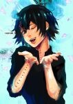  1boy :d absurdres bangs black_eyes black_hair black_shirt hair_ornament hairclip hands_up highres kyuuba_melo multicolored_background one_eye_closed open_mouth shiny_hair shirt short_hair short_sleeves smile solo stitches suzuya_juuzou teeth tokyo_ghoul tokyo_ghoul:re upper_teeth_only x_hair_ornament 