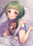  1girl :d absurdres bare_legs barefoot bed_sheet blue_shorts blush braid detached_sleeves green_hair hair_over_shoulder highres long_hair long_sleeves looking_up masanaga_(tsukasa) open_mouth red_eyes shiny_hair shirt short_shorts shorts shuumatsu_no_harem single_braid sitting smile solo stuffed_animal stuffed_toy teddy_bear wariza white_shirt white_sleeves yamada_sui 