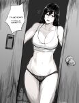  1girl :o bangs bare_shoulders breasts cleavage collarbone copyright_request door english_text greyscale highres large_breasts long_hair monochrome notice_lines open_door panties shiny_hair solo speech_bubble stomach thigh_gap underwear yourfreakyneighbourh 