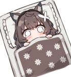  1girl animal_ears bangs black_hairband blanket blush brown_hair cat_ears cat_girl chibi floral_print frilled_pillow frills from_above futon hairband kurioshi_fio original pillow satou_(3366_s) short_hair sidelocks simple_background solo tearing_up under_covers white_background 