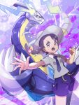  1girl :o braid breast_pocket brown_eyes brown_hair clenched_hand collared_shirt commentary_request eyelashes grey_headwear grey_shirt hat highres inana_umi juliana_(pokemon) miraidon necktie open_mouth pocket pokemon pokemon_(creature) pokemon_(game) pokemon_sv purple_necktie purple_shorts shirt short_sleeves shorts 