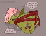  absurd_res anus bdsm bondage bonnytoad bound butt english_text female genitals goblin green_body green_skin grey_background hair hi_res humanoid not_furry nude pink_hair pussy rear_view ribbon_bondage ribbons simple_background solo text 