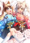  2girls :d animal_ears animal_on_shoulder bangs black_skirt blue_eyes blue_nails blurry blurry_foreground blush branch brown_eyes brown_hair cat_ears chinese_zodiac commentary depth_of_field fang feet_out_of_frame floral_print flower grey_hair hair_between_eyes highres japanese_clothes kimono kneehighs long_sleeves looking_at_viewer multiple_girls nail_polish nengajou new_year obi original pinching_sleeves pink_flower pleated_skirt print_kimono rabbit red_kimono rukinya_(nyanko_mogumogu) sash skirt sleeves_past_wrists smile socks symbol-only_commentary white_socks wide_sleeves year_of_the_rabbit 