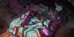  1girl arm_tattoo bandolier bed belt bikini bikini_top_only blue_hair boots braid breasts bullet cannon fingerless_gloves foreshortening gloves gun highres jinx_(league_of_legends) league_of_legends legends_of_runeterra long_hair lying midriff on_back open_mouth pale_skin purple_eyes purple_lips short_shorts shorts single_thighhigh sixmorevodka small_breasts smile swimsuit tattoo thighhighs torpedo twin_braids very_long_hair weapon 