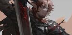  1boy absurdres arknights black_shirt demon_boy demon_horns eyepatch gloves highres hoederer_(arknights) holding horns long_hair male_focus pointy_ears red_eyes red_hair shirt weapon y_(wuhanyxt) 