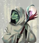  2022 absurd_res anthro blue_eyes cleric clothing digital_media_(artwork) female green_body hi_res hood lizard reptile robe scales scalie simple_background solo staff wanderertamplior 