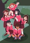  6+girls azumanga_daioh azumanga_daioh&#039;s_school_uniform black_hair brown_hair bush carrying carrying_person commentary english_commentary fence full_body highres jacket kagura_(azumanga_daioh) kasuga_ayumu long_hair looking_at_another looking_at_viewer mihama_chiyo mizuhara_koyomi multiple_girls open_mouth outdoors pink_jacket pleated_skirt red_hair red_skirt sailor_collar sakaki_(azumanga_daioh) school_uniform serafuku shadow short_hair skirt stevetwisp takino_tomo tree twintails white_sailor_collar 