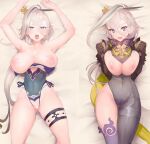 1girl absurdres armor armpits arms_up asymmetrical_clothes bangs blush bodysuit breasts breasts_out collarbone covered_navel fate/grand_order fate_(series) gauntlets green_hair grey_bodysuit grey_leotard grey_thighhighs hair_between_eyes hair_ornament hairpin high_collar highleg highleg_leotard highres huyan_zhuo_(fate) huyan_zhuo_(second_ascension)_(fate) kunabishi large_breasts leotard long_hair looking_at_viewer multicolored_hair multiple_views nipples open_mouth pauldrons purple_eyes shoulder_armor single_pantsleg single_thighhigh streaked_hair thigh_strap thighhighs thighs very_long_hair white_hair 