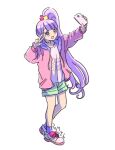  1girl :d arm_up blunt_bangs commentary_request dated full_body green_shorts hand_up holding holding_phone hood hood_down hooded_jacket jacket long_hair long_sleeves manaka_non open_clothes open_jacket open_mouth outstretched_arm phone pink_jacket pretty_series pripara purple_eyes purple_hair rituyama1 selfie shirt shoes short_shorts shorts side_ponytail simple_background smile sneakers socks solo standing taking_picture very_long_hair w_over_eye white_background white_shirt 