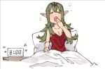  1girl alarm_clock alternate_hairstyle bangs blush breasts chibi cleavage clock closed_eyes commentary dress english_commentary fire_emblem fire_emblem_awakening hair_between_eyes hair_ornament long_hair medium_breasts on_bed open_mouth red_dress sakuremi sitting sleepy solo strapless strapless_dress tiki_(adult)_(fire_emblem) tiki_(fire_emblem) under_covers white_background yawning 