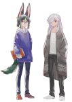  2boys alternate_costume animal_ears black_hair black_pants blue_hoodie blue_pants book brown_coat brown_footwear coat commentary cyno_(genshin_impact) dark-skinned_male dark_skin fox_boy fox_ears fox_tail genshin_impact green_eyes green_hair grey_hair hair_over_one_eye hands_in_pockets himeko_(nico6v6pachi) holding holding_book hood hoodie light_frown long_sleeves looking_at_viewer multiple_boys pants pink_eyes red_hair shirt short_ponytail simple_background sketch smile tail tighnari_(genshin_impact) two-tone_eyes white_background white_footwear white_shirt 