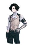  bishounen black_gloves black_hair blue_eyes fingerless_gloves gloves highres lies_of_p looking_to_the_side male_focus mechanical_arms mik_blamike neckerchief pinocchio_(lies_of_p) shirt simple_background single_mechanical_arm solo vest white_background white_shirt 