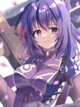  1girl ao_no_kiseki blurry blurry_background breasts double-parted_bangs eiyuu_densetsu falling_petals hair_between_eyes hair_bun holding holding_sword holding_weapon huge_weapon large_breasts looking_at_viewer natsusechoco petals portrait purple_eyes purple_hair rixia_mao smile solo sword upper_body weapon zero_no_kiseki 