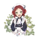  1girl aisha_greyrat apron black_dress dress fang flower highres holding holding_letter letter looking_at_viewer maid maid_apron maid_headdress mushoku_tensei red_hair short_hair simple_background sleeves_past_wrists smile solo upper_body wax_seal white_apron white_background white_headdress yanti 